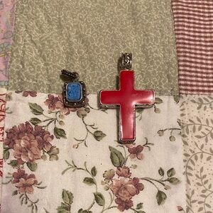 Red Cross with Silver Pendant and Blue Stone Charm or Pendant